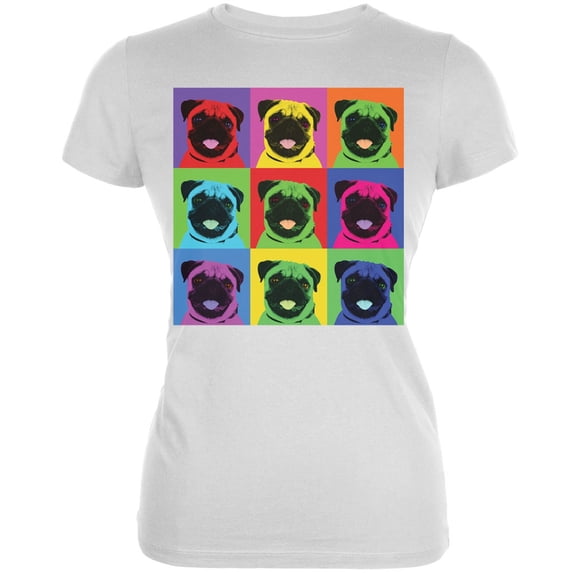 Pug Pop Art Repeating Squares White Juniors Soft T-Shirt - Medium