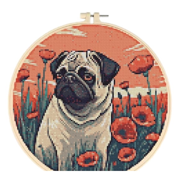 Pug in Poppies Easy Cross Stitch Kits for Starter Kits DIY 11CT Pre-printed Stamped Patterns Embroidery Cross Stitching Needlework Kit Set Supplies with Hoop 38x38cm (A46)