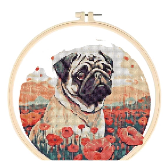 Pug in Poppies Easy Cross Stitch Kits for Starter Kits DIY 11CT Pre-printed Stamped Patterns Embroidery Cross Stitching Needlework Kit Set Supplies with Hoop 38x38cm (A45)