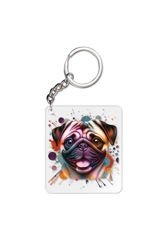 Pug Portrait Watercolor Vintage Retro Styles Acrylic Keychain Dog Lover Gifts Collar Charm Tag Keyring - 00001