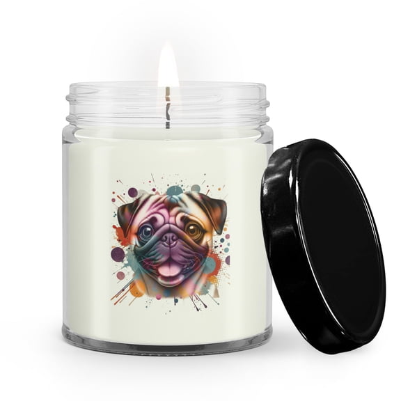 Pug Portrait Watercolor Vintage Retro Styles Soy Wax Candle Dog Lover Gifts 9oz White Birch & Black Pepper Candle - 00001