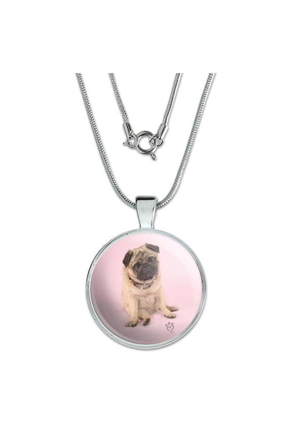 Pug Puppy Dog Sitting Pink Necklace 1" Pendant with Sterling Silver Plated Chain