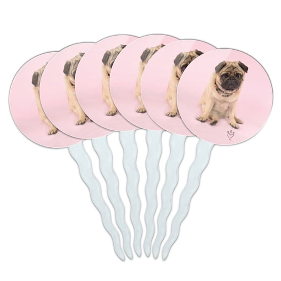 Pug Puppy Dog Sitting Pink Necklace Cupcake Picks Toppers Decoration Set of 6