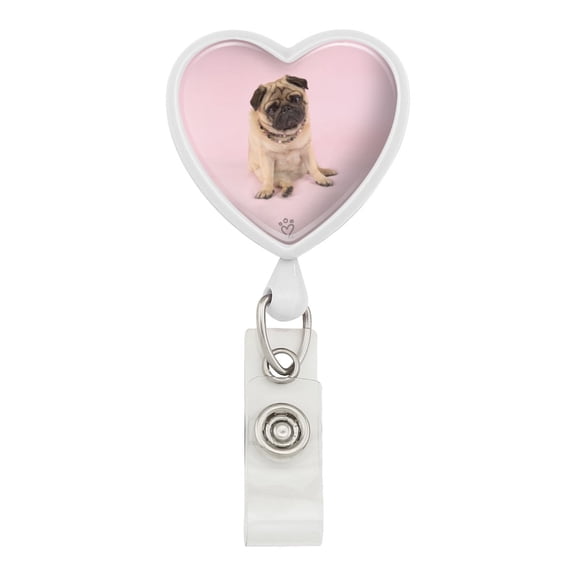 Pug Puppy Dog Sitting Pink Necklace Heart Lanyard Retractable Reel Badge ID Card Holder