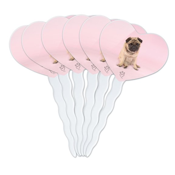 Pug Puppy Dog Sitting Pink Necklace Heart Love Cupcake Picks Toppers Decoration Set of 6