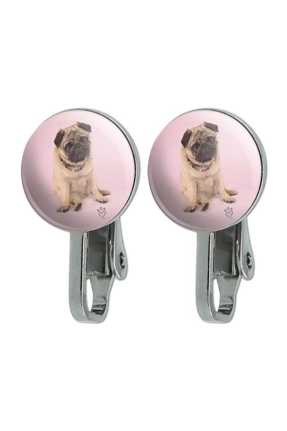 Pug Puppy Dog Sitting Pink Necklace Novelty Clip-On Stud Earrings