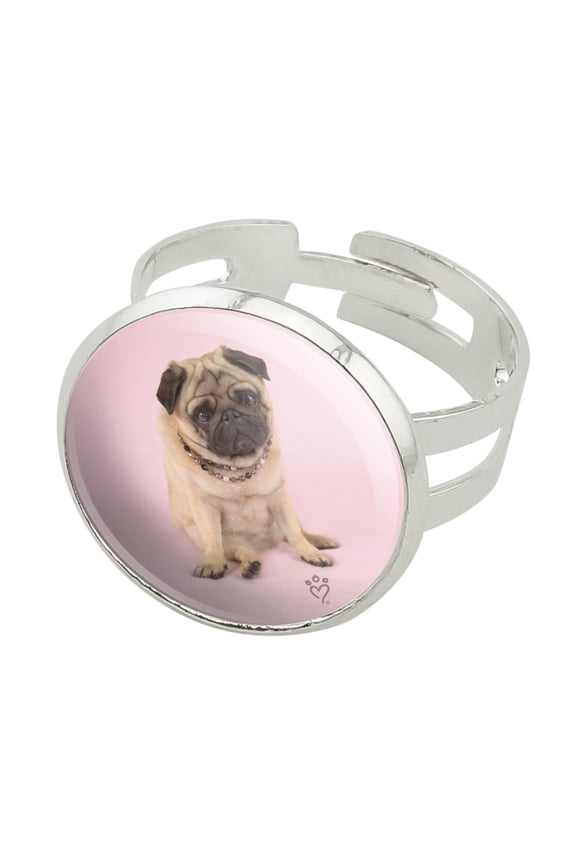 Pug Puppy Dog Sitting Pink Necklace Silver Plated Adjustable Novelty Ring