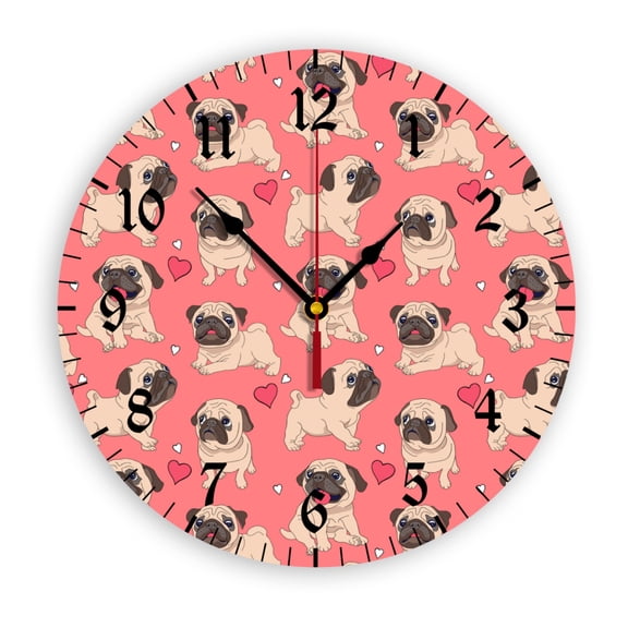 Pug Puppy Dog Wall Clock, Battery Operated, PVC Round Silent Non-Ticking Clock with Clear Numbers for Living Room, Kitchen, Bedroom, Office, School Decor 12inch-30cm