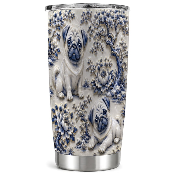 Pug Puppy Floral Tumbler 20 oz, Botanical Travel Cup, Blue Garden Drinkware with Embossed Blossom Artwork, Stainless Steel Mug for Cozy Kitchen Coffee and Tea Moments