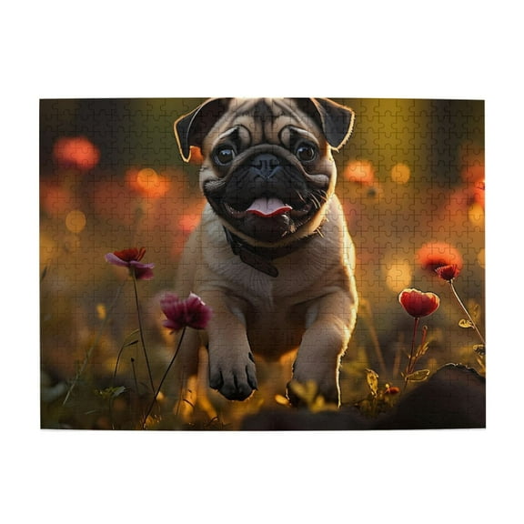 Pug Puppy In Wildflower Field 500-Piece Wooden Jigsaw Puzzle for Adults, Fun & Challenging Family Game, Stylish Wall Decor & Holiday Gift