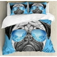 thumbnail image 1 of Pug Queen Size Duvet Cover Set, Pug Portrait with Mirror Sunglasses Hand Drawn Illustration of Pet Animal Funny, Decorative 3 Piece Bedding Set with 2 Pillow Shams, Pearl Blue Black, by Ambesonne, 1 of 3