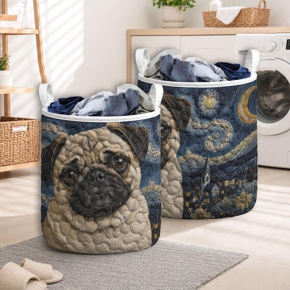 Pug Quilted Laundry Basket, Dog Laundry Room Decor, Soft Fabric Hamper, Colorful Dog Storage Bin, Gift For Mom, Gift For Her