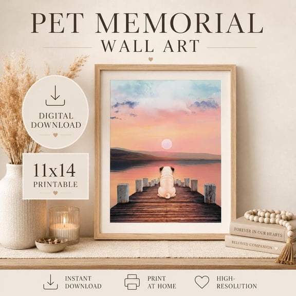 Pug Rainbow Bridge Memorial Wall Art Print, Unframed Paper Poster 8x10in
