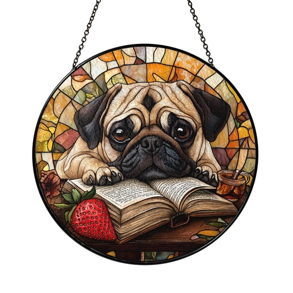 Pug Reading Book Stained Glass Suncatcher, Cozy Bookworm Window Decor for Pet Owners and Tea Time Spaces