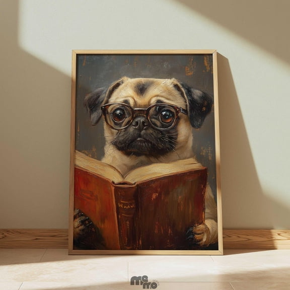 Pug Reading Book Wall Art Glasses Dog Poster Print Cute Pet Library Decor For Book Lovers And Pug Owners