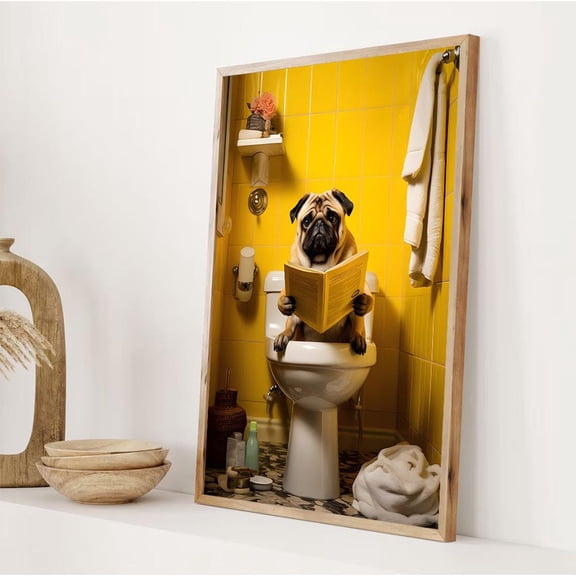 Pug Reading In Bathroom Quirky Dog Art Home Decor, 16x24 UNFRAMED