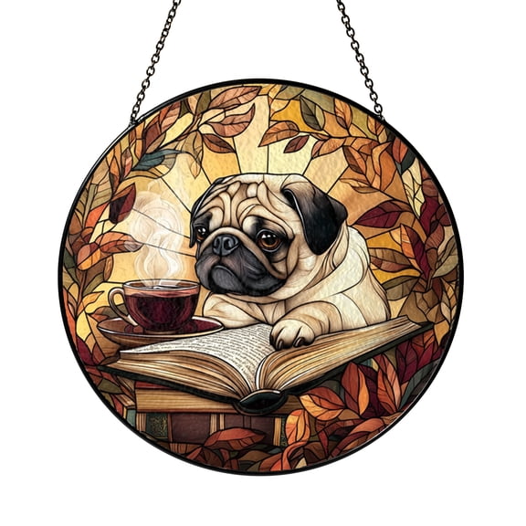 Pug Reading Stained Glass Style Suncatcher, Fantasy Dog Window Hanging Art Decor, Cozy Interior Inspired Home Window Decoration
