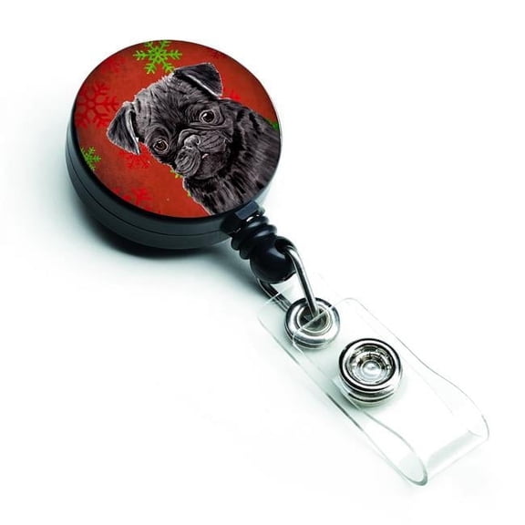 Pug Red & Green Snowflakes Holiday Christmas Retractable Badge Reel