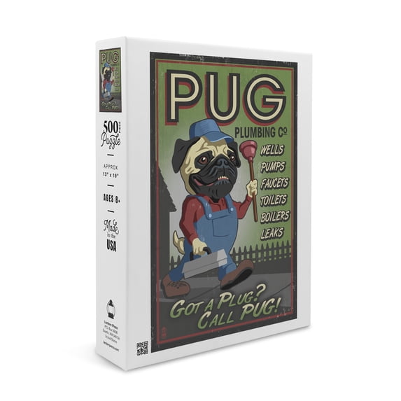 Pug, Retro Plumbing Ad (19x27 inches, Premium 500 Piece Jigsaw Puzzle for Adults and Family, Made in USA)