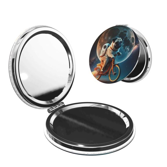 Pug Riding To The Moon Funny Portable Double-Sided Face Mirror Round Shape, Magnifying Compact Pocket Mirror with PU Leather Cover