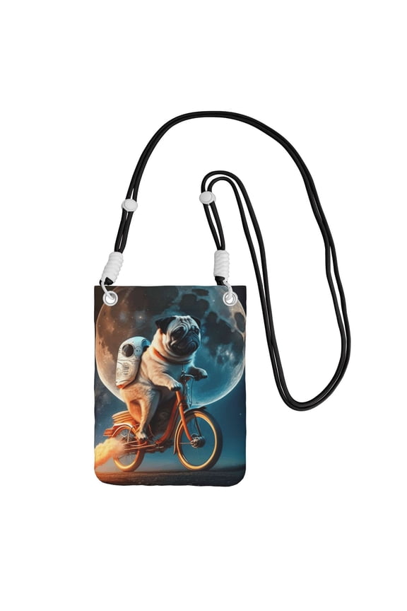 Pug Riding To The Moon Funny Small Crossbody Phone Bag, Cell Phone Purse with Adjustable Removable Strap, Mini Travel Shoulder Pouch