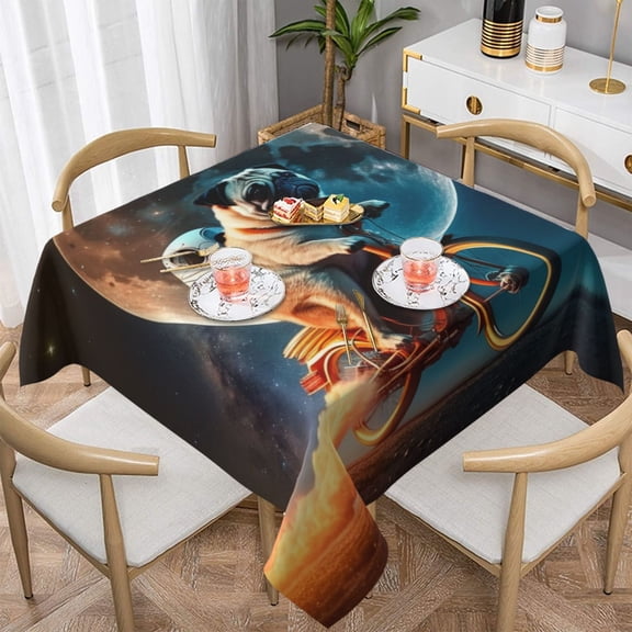 Pug Riding To The Moon Funny Square Tablecloth 60x60 Waterproof Table Cover for Dining Table, Parties, Weddings, Picnics, Cafes