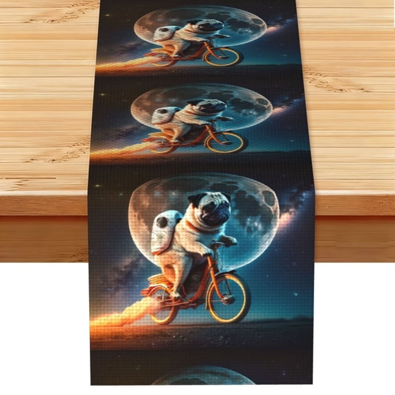 Pug Riding To The Moon Funny Table Runner 13x72 Inch for Dining Table Kitchen Wedding Party Decor Fireplace Mantle