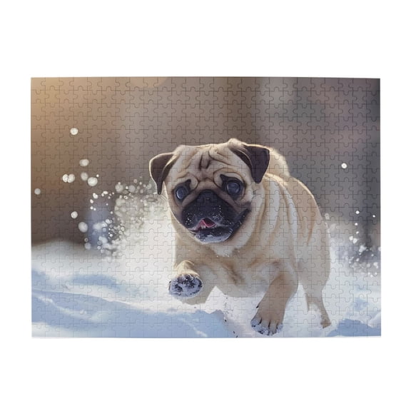 Pug Running In Snow 500-Piece Wooden Jigsaw Puzzle for Adults, Fun & Challenging Family Brain-Teaser, Perfect Home Decor & Gift
