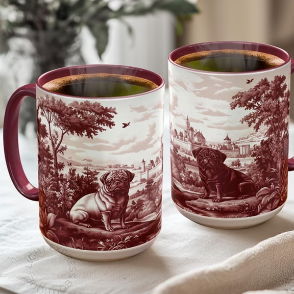 Pug Rustic French Toile Mug Two Pugs Style Coffee Cup Gift for Dog Lover Black Pug Brindle