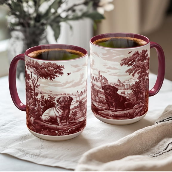Pug Rustic French Toile Mug - Two Pugs Vintage Style Coffee Cup Gift for Dog Lover, Black Pug Brindle Fawn Pug, Castle Toile de Jouy Tea Cup