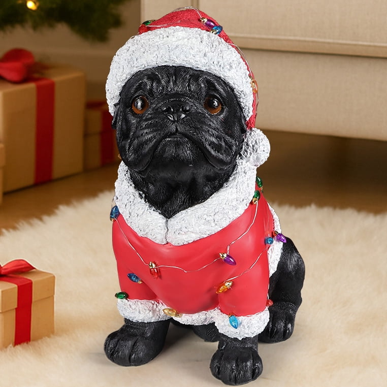 Pug Santa Outfit Christmas Dog Statue with Santa Hat Bulb Accents Holiday Tabletop Decor