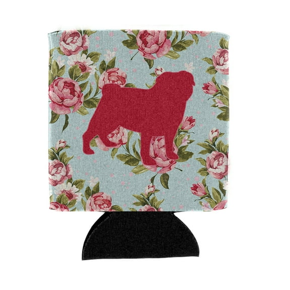 Pug Shabby Chic Blue Roses Can or Bottle Beverage Insulator Hugger BB1112