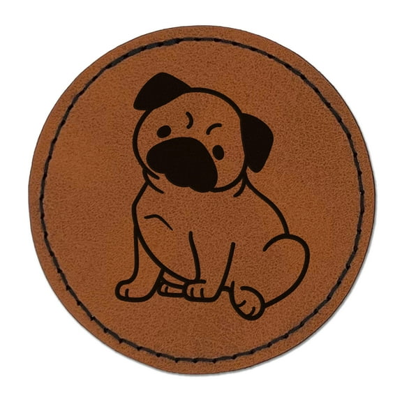 Pug Sitting Dog 2.5" Faux Leather Round Engraved Iron-On Patch - Brown