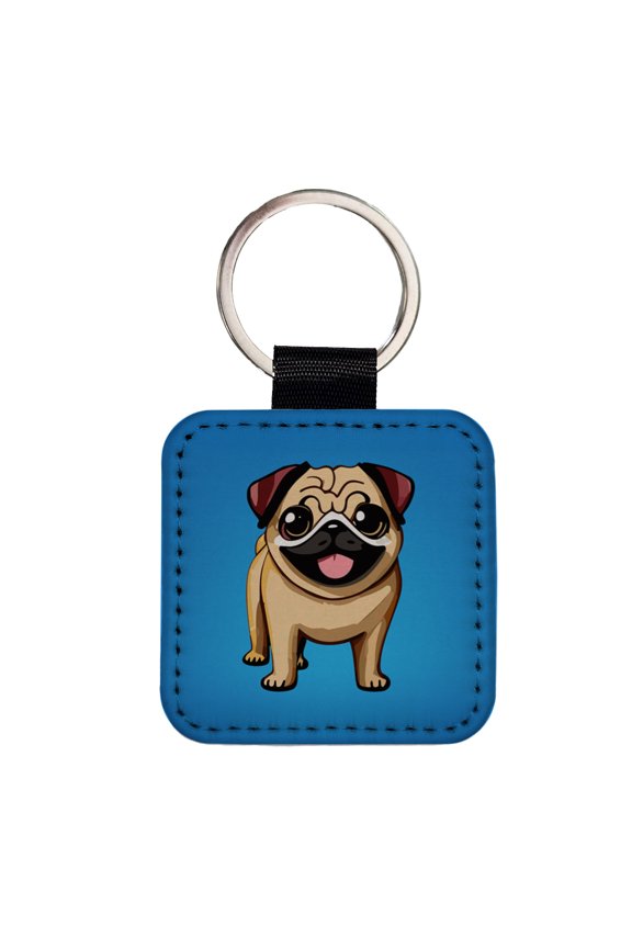 Pug Smiling Standing Faux Leather Square Keychain
