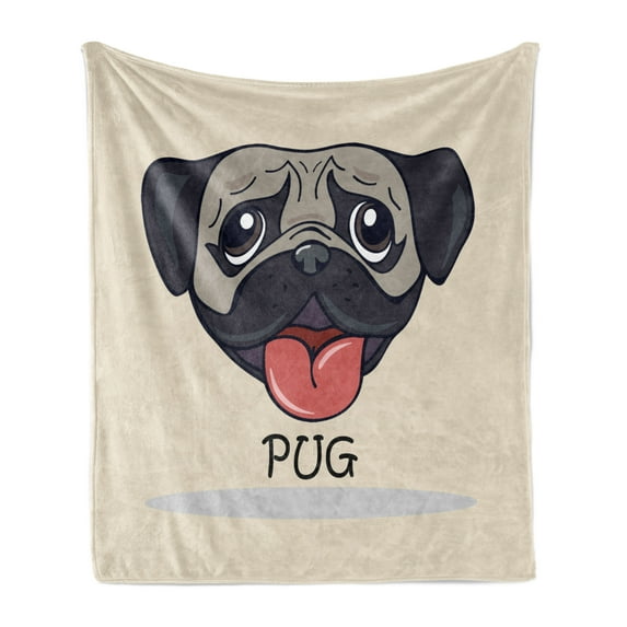 Pug Soft Flannel Fleece Blanket, Cartoon Pug Dog Caricature with Its Tongue out Happy Face Animal Fun Illustration, Cozy Plush for Indoor and Outdoor Use, 60" x 80", Taupe Black Red, by Ambesonne
