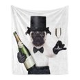 thumbnail image 1 of Pug Soft Flannel Fleece Blanket, Celebration Dog with Champagne Bottle While Toasting Happy Moments Photographs, Cozy Plush for Indoor and Outdoor Use, 60" x 80", Black White Emerald, by Ambesonne, 1 of 5