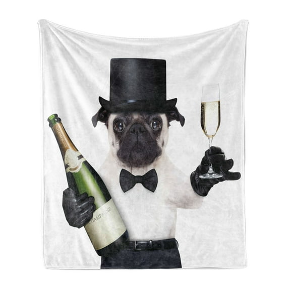 Pug Soft Flannel Fleece Blanket, Celebration Dog with Champagne Bottle While Toasting Happy Moments Photographs, Cozy Plush for Indoor and Outdoor Use, 70" x 90", Black White Emerald, by Ambesonne