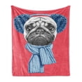 thumbnail image 1 of Pug Soft Flannel Fleece Blanket, Detailed Dog Drawing with Scarf Earmuffs on Dark Coral Background Animal Fun, Cozy Plush for Indoor and Outdoor Use, 50" x 70", Dark Coral Turquoise, by Ambesonne, 1 of 5