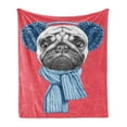 thumbnail image 1 of Pug Soft Flannel Fleece Blanket, Detailed Dog Drawing with Scarf Earmuffs on Dark Coral Background Animal Fun, Cozy Plush for Indoor and Outdoor Use, 70" x 90", Dark Coral Turquoise, by Ambesonne, 1 of 5