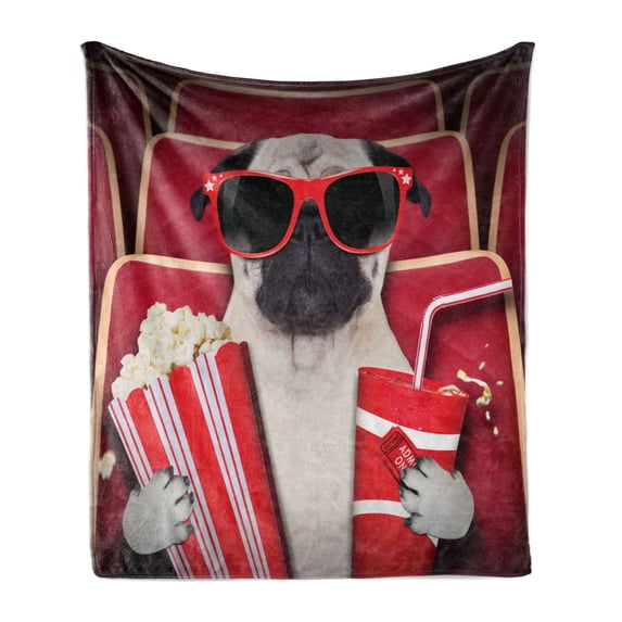 Pug Soft Flannel Fleece Blanket, Funny Dog Watching Movie Popcorn Soft Drink and Glasses Animal Photograph, Cozy Plush for Indoor and Outdoor Use, 50" x 60", Cream Ruby and Vermilion, by Ambesonne