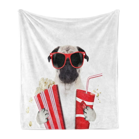 Pug Soft Flannel Fleece Blanket, Going to the Movies Pug Dog Popcorn Soft Drink Movie Star Glasses Animal Fun Image, Cozy Plush for Indoor and Outdoor Use, 60" x 80", Cream Red Black, by Ambesonne