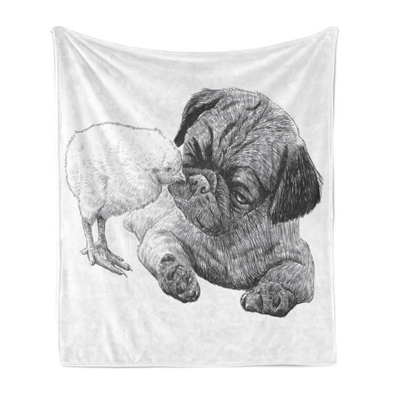 Pug Soft Flannel Fleece Blanket, Picture of a Pug and Little Chick Drawn by Hand Love Affection Between Animals, Cozy Plush for Indoor and Outdoor Use, 60" x 80", Charcoal Grey White, by Ambesonne