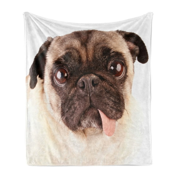 Pug Soft Flannel Fleece Blanket, Portrait of an Upset Dog with Its Tongue out Pug with Giant Sad Eyes Pet Animal Photo Print, Cozy Plush for Indoor and Outdoor Use, 70" x 90", Brown, by Ambesonne