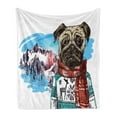 thumbnail image 1 of Pug Soft Flannel Fleece Blanket, Sketch Style Dog with Winter Clothes Scarf Sweater Mountains Background Open Sky Image, Cozy Plush for Indoor and Outdoor Use, 60" x 80", Ruby Blue, by Ambesonne, 1 of 5