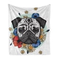 thumbnail image 1 of Pug Soft Flannel Fleece Throw Blanket, Black and White Head of a Pug on Floral Arrangement with Flowers Daisies, Cozy Plush for Indoor and Outdoor Use, 50" x 60", Red Blue Black, by Ambesonne, 1 of 6