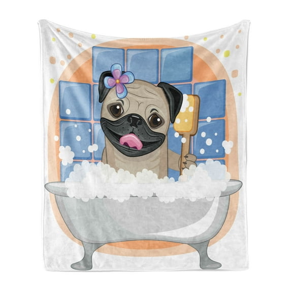 Pug Soft Flannel Fleece Throw Blanket, Caricature of a Dog Having Bath Bubbles Colorful Flower Funny Animal, Cozy Plush for Indoor and Outdoor Use, 50" x 60", Pale Brown Pale Blue, by Ambesonne