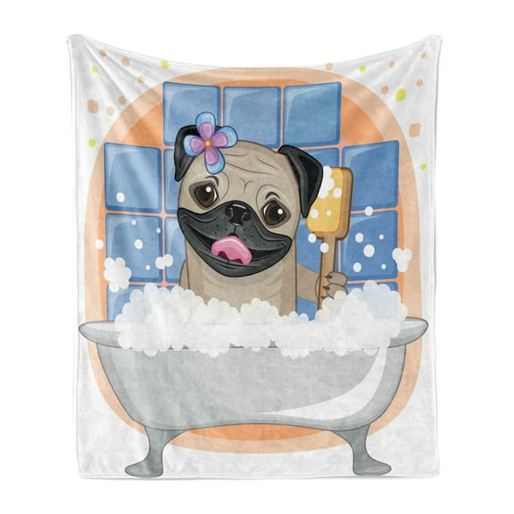 Pug Soft Flannel Fleece Throw Blanket, Caricature of a Dog Having Bath Bubbles Colorful Flower Funny Animal, Cozy Plush for Indoor and Outdoor Use, 70" x 90", Pale Brown Pale Blue, by Ambesonne
