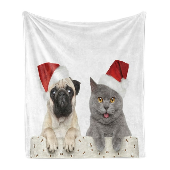 Pug Soft Flannel Fleece Throw Blanket, Christmas Themed Animal Photography a Cat and Dog Wearing Santa Hats Print, Cozy Plush for Indoor and Outdoor Use, 70" x 90", Grey Cream Red, by Ambesonne