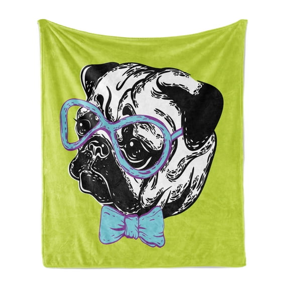 Pug Soft Flannel Fleece Throw Blanket, Dog a Bow Tie and Nerdy Glasses on Pastel Tone Shade Backdrop, Cozy Plush for Indoor and Outdoor Use, 50" x 60", Apple Green Pale Blue, by Ambesonne