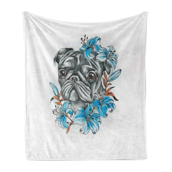 Pug Soft Flannel Fleece Throw Blanket, Dog Face with Floral Arrangement with Flowers Animal Fun Illustration, Cozy Plush for Indoor and Outdoor Use, 70" x 90", Teal Grey, by Ambesonne